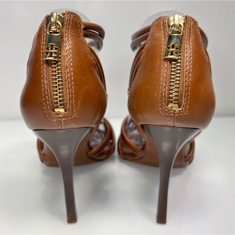 Tory Burch Brown Strappy Braided Leather Heels Size 8.5